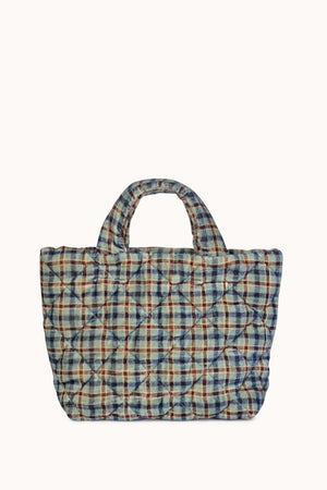A blue and brown Plaid Quilted Tote by Epice with a detachable woven shoulder strap.