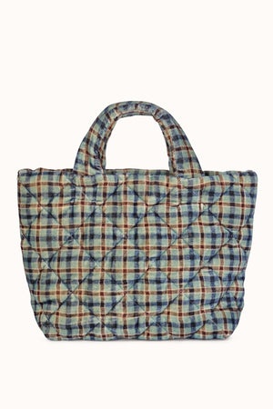 A blue and white Plaid Quilted Tote by Epice.