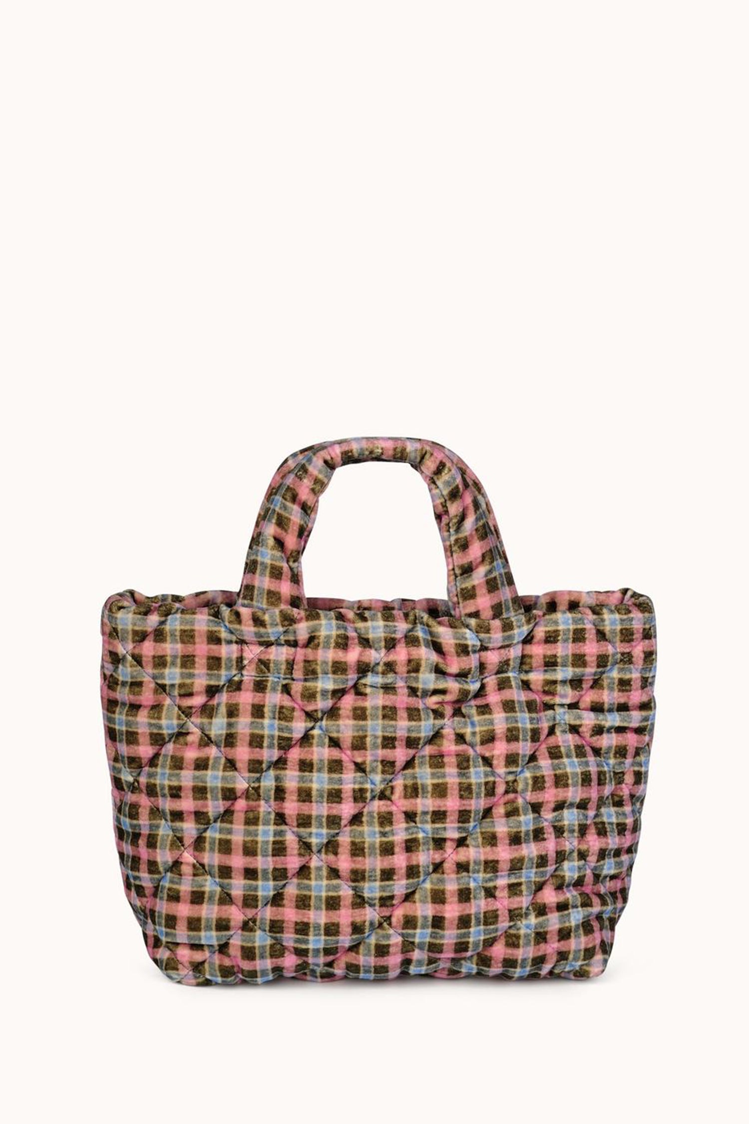 A pink and black Plaid Quilted Tote by Epice made of cotton velvet with a detachable woven shoulder strap.