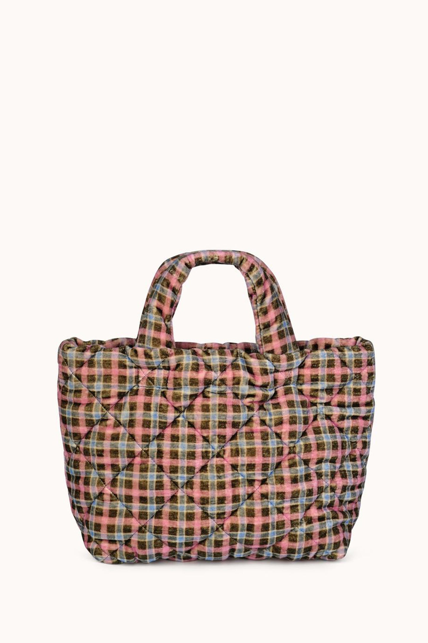 A pink and black Plaid Quilted Tote by Epice made of cotton velvet with a detachable woven shoulder strap.-35200883687617