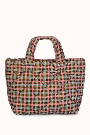 An Epice plaid quilted tote bag with a detachable woven shoulder strap.