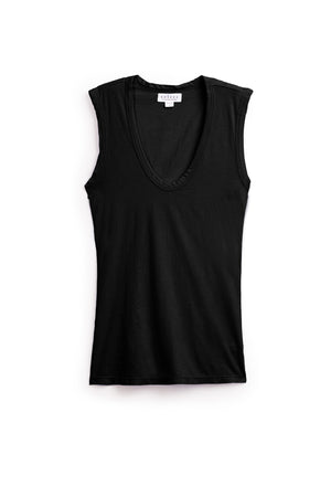 A black, soft gauzy whisper sleeveless scoop neck ESTINA TANK TOP by Velvet by Graham & Spencer against a white background.