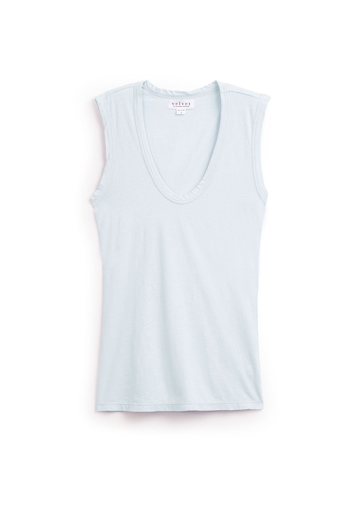 The ESTINA TANK TOP by Velvet by Graham & Spencer is a sleeveless, light blue scoop-neck tank laid flat on a white background, showcasing an easygoing and effortless style.-40147745865921