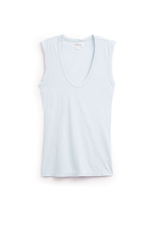 The ESTINA TANK TOP by Velvet by Graham & Spencer is a sleeveless, light blue scoop-neck tank laid flat on a white background, showcasing an easygoing and effortless style.