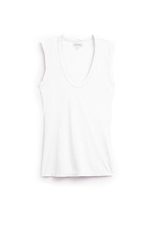 A sleeveless white V-neck top displayed against a plain white background exudes effortless style, featuring a laid-back tank design with soft gauzy whisper fabric: the ESTINA TANK TOP by Velvet by Graham & Spencer.