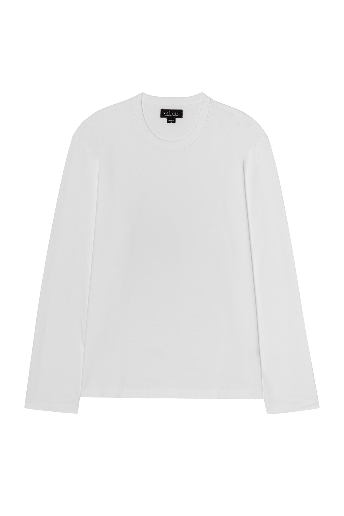 The ANTONIO TEE by Velvet by Graham & Spencer is a plain white long sleeve crafted from soft cotton jersey with a relaxed fit, shown on a white background.