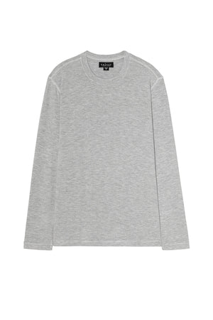 The BECKER CREW by Velvet by Graham & Spencer is a light grey fitted crew neck long-sleeve t-shirt in soft jersey, shown laid flat on a white background—ideal for everyday comfort.