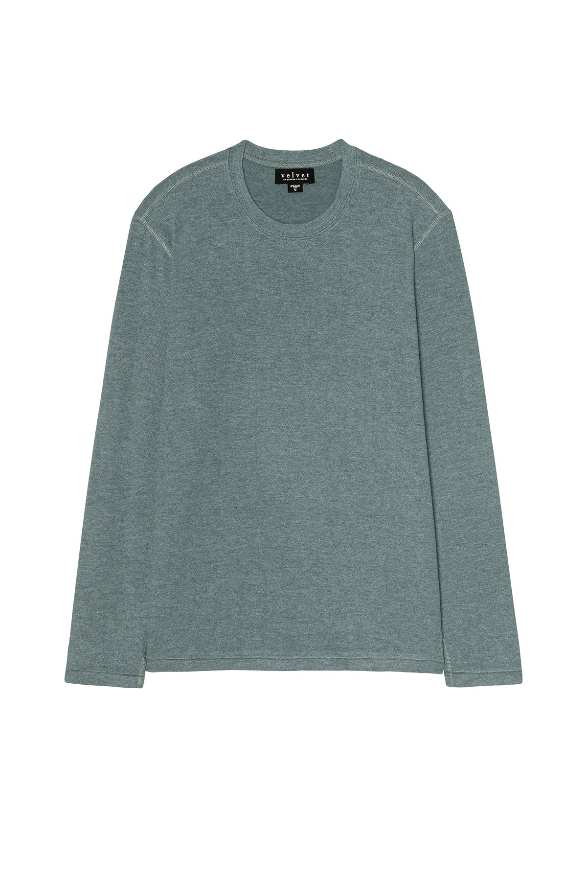 The BECKER CREW by Velvet by Graham & Spencer is a cozy, fitted long-sleeve crew neck shirt in muted teal, crafted from soft jersey fabric and shown laid flat against a white background—ideal for everyday wear.