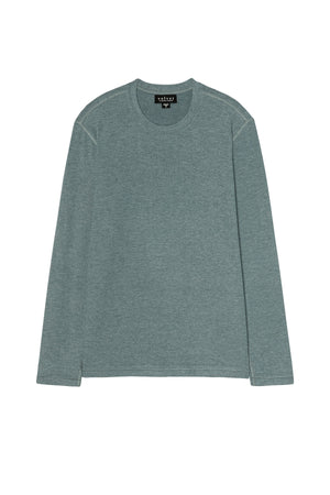 The BECKER CREW by Velvet by Graham & Spencer is a cozy, fitted long-sleeve crew neck shirt in muted teal, crafted from soft jersey fabric and shown laid flat against a white background—ideal for everyday wear.