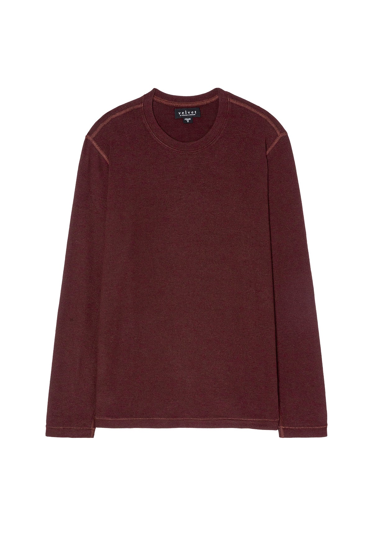 The BECKER CREW by Velvet by Graham & Spencer is a fitted, cozy long-sleeve crew-neck jersey shirt in dark burgundy, ideal for daily wear and displayed flat on a white background.