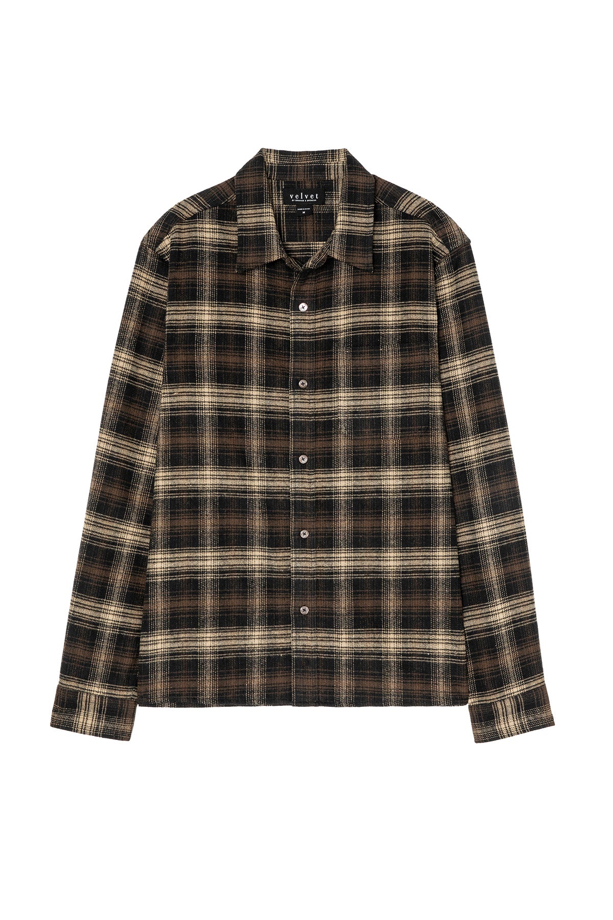 The BRYANT BUTTON-UP SHIRT by Velvet by Graham & Spencer is a long-sleeve cotton flannel with a classic collar and brown and beige plaid, shown laid flat on a white background.