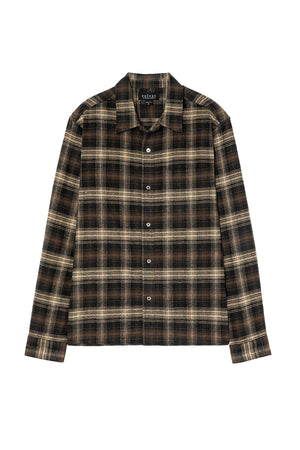 The BRYANT BUTTON-UP SHIRT by Velvet by Graham & Spencer is a long-sleeve cotton flannel with a classic collar and brown and beige plaid, shown laid flat on a white background.