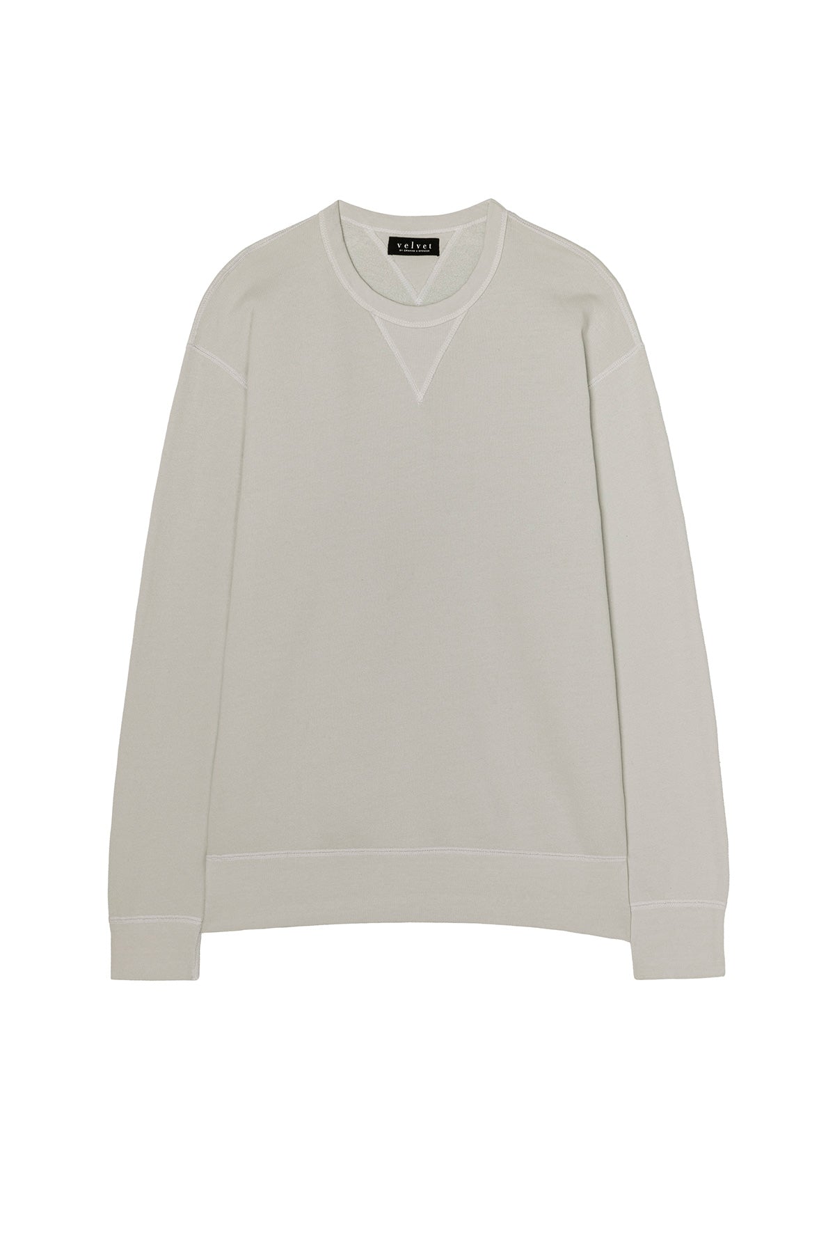 The CILLIAN SWEATSHIRT by Velvet by Graham & Spencer is a light gray crewneck made from midweight fleece, with long sleeves, ribbed cuffs and hem, and a small V-stitch below the collar, shown against a white background.