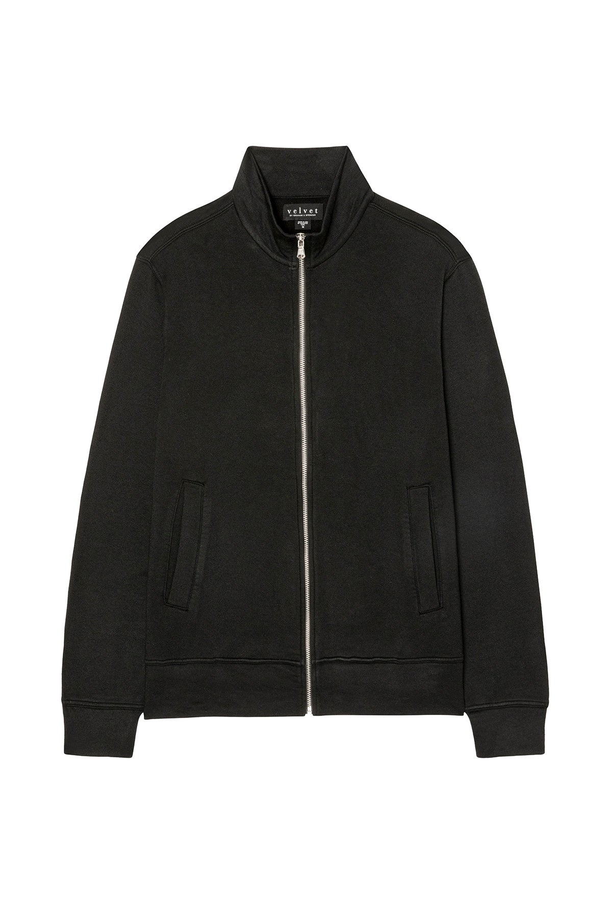 The DEMITRI FULL ZIP by Velvet by Graham & Spencer is a black fleece zip-up jacket with a mock neck, two front pockets, and ribbed cuffs, shown on a white background.
