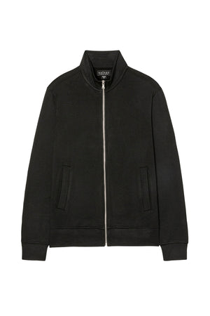 The DEMITRI FULL ZIP by Velvet by Graham & Spencer is a black fleece zip-up jacket with a mock neck, two front pockets, and ribbed cuffs, shown on a white background.