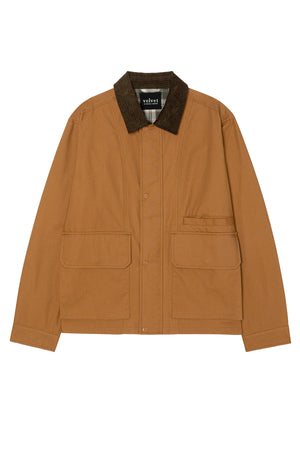 The DESREN JACKET by Velvet by Graham & Spencer is a brown cotton canvas jacket with a dark brown corduroy collar, snap front, two large front pockets, chest pocket, plaid lining, shown on a white background.