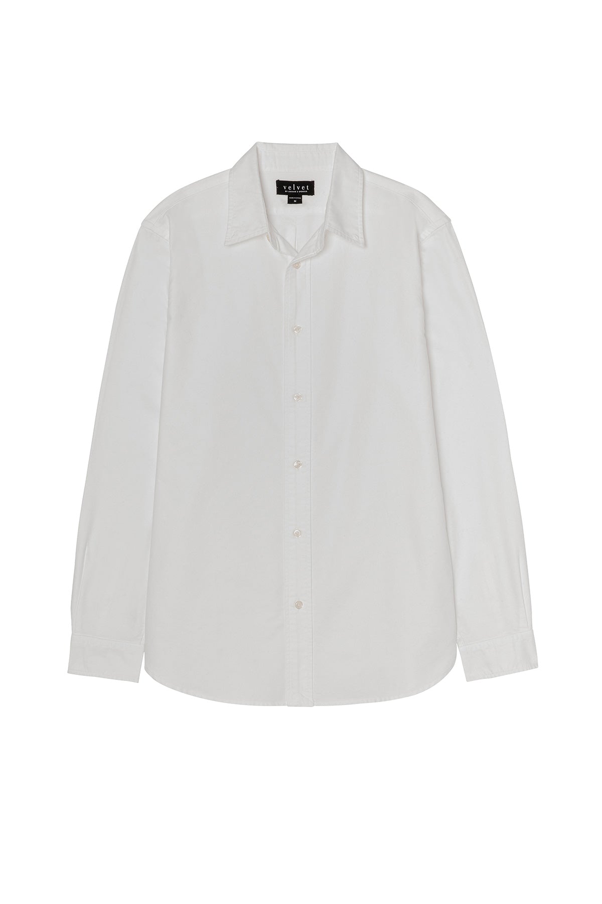 The EMMETT BUTTON-DOWN SHIRT by Velvet by Graham & Spencer is a classic white cotton oxford with a collar and long sleeves, shown laid flat on a white background—a true wardrobe staple.