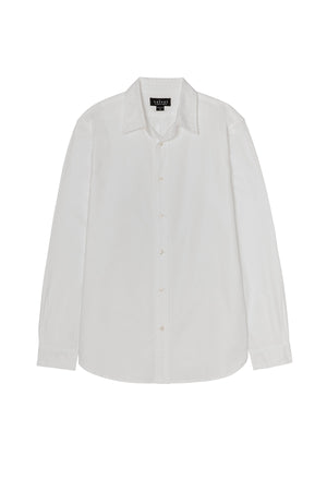The EMMETT BUTTON-DOWN SHIRT by Velvet by Graham & Spencer is a classic white cotton oxford with a collar and long sleeves, shown laid flat on a white background—a true wardrobe staple.