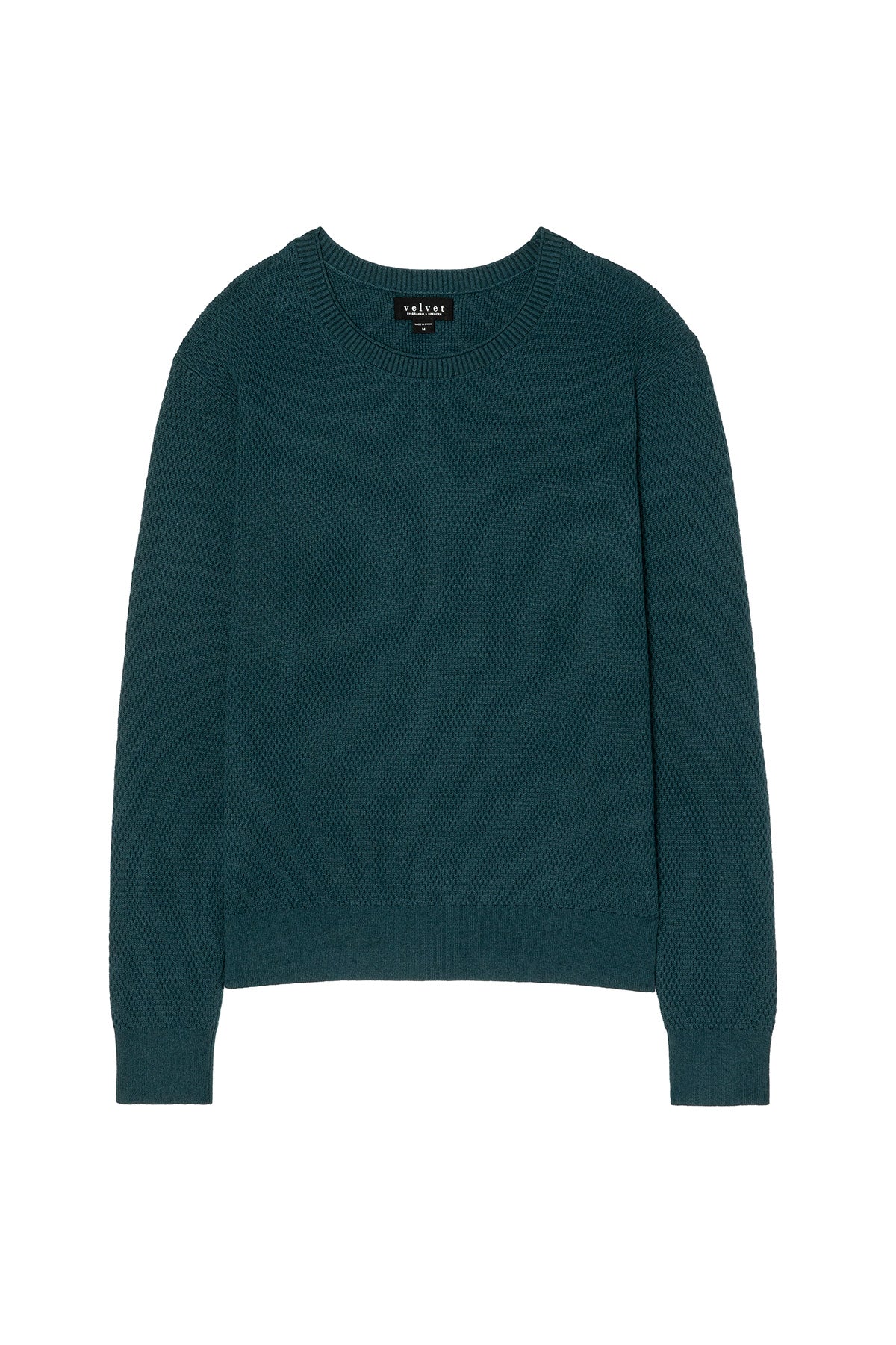 The FENN SWEATER by Velvet by Graham & Spencer is a teal, long-sleeve crewneck with a webbed knit texture, shown laid flat on a white background.