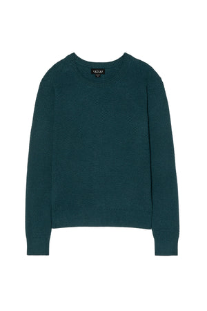 The FENN SWEATER by Velvet by Graham & Spencer is a teal, long-sleeve crewneck with a webbed knit texture, shown laid flat on a white background.