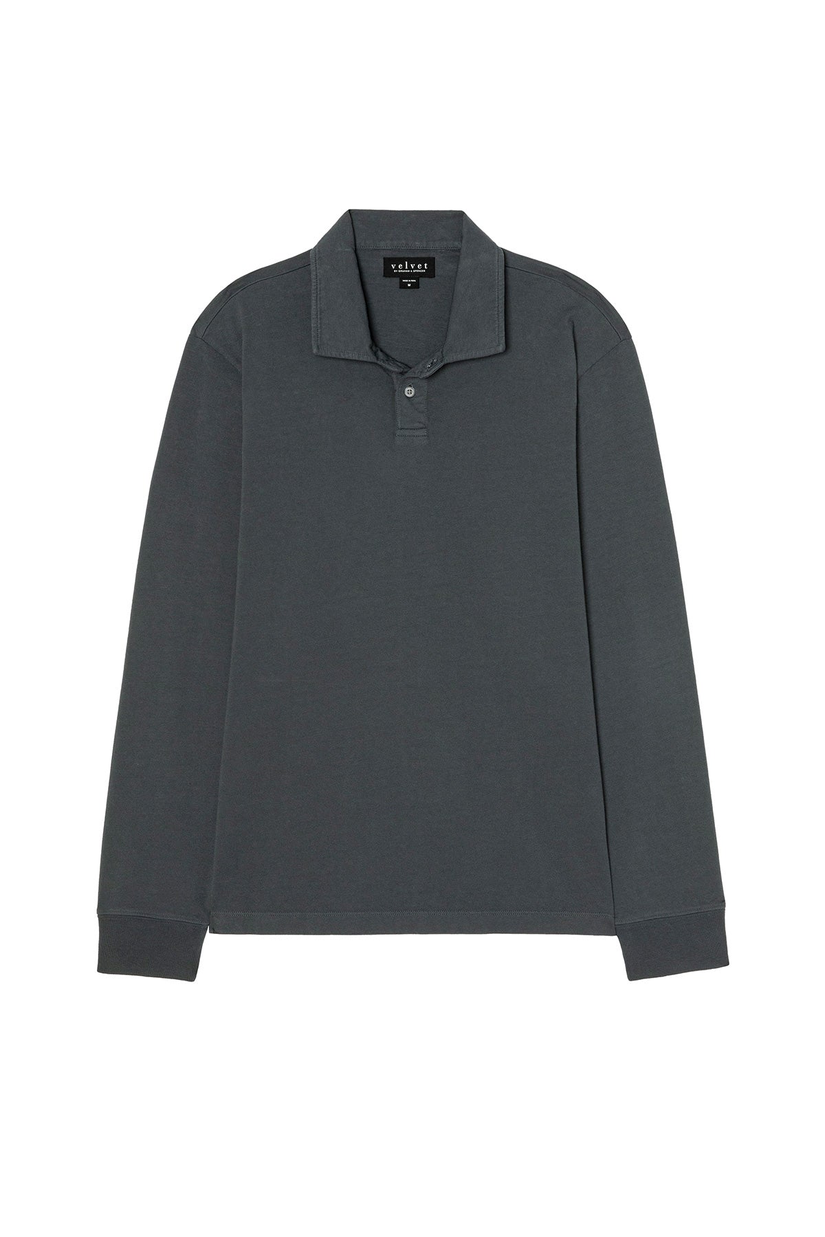 The FLINT POLO by Velvet by Graham & Spencer is a dark gray mid-weight cotton jersey polo with a collar, partial button placket, and ribbed cuffs, shown laid flat on a white background for classic style.
