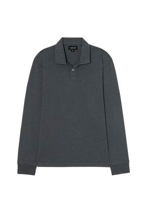 The FLINT POLO by Velvet by Graham & Spencer is a dark gray mid-weight cotton jersey polo with a collar, partial button placket, and ribbed cuffs, shown laid flat on a white background for classic style.