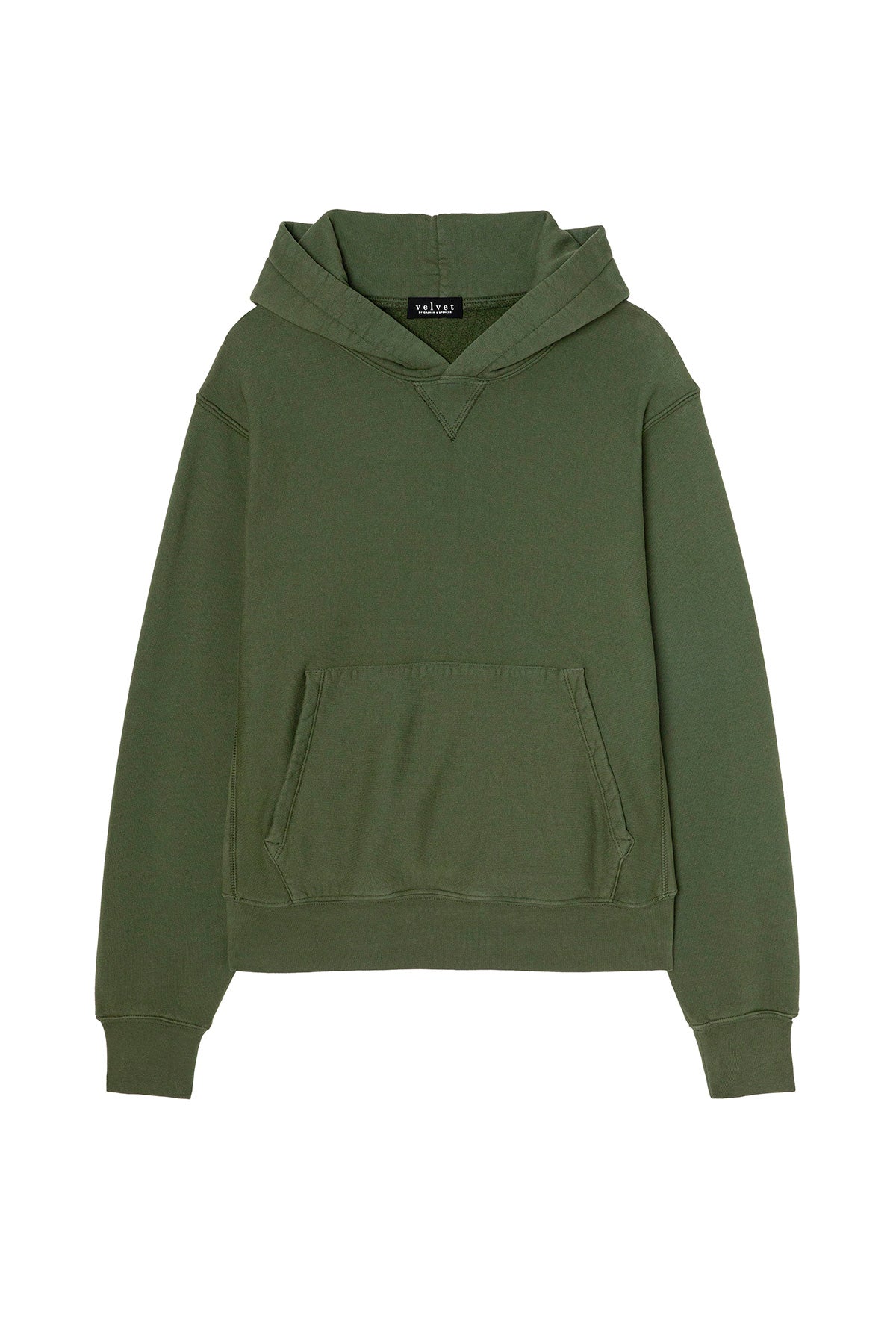 The KAZ HOODIE by Velvet by Graham & Spencer is an olive green midweight fleece with a front kangaroo pocket and ribbed cuffs, designed for everyday comfort, shown on a white background.-39883664588993