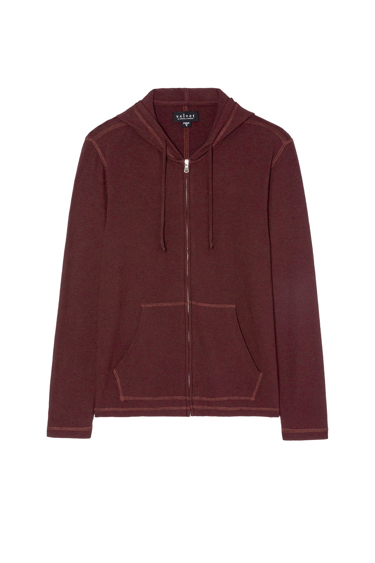The LOUDON HOODIE by Velvet by Graham & Spencer is a maroon triblend full-zip hoodie with a drawstring hood and two front pockets, shown laid flat on a white background.