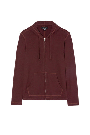 The LOUDON HOODIE by Velvet by Graham & Spencer is a maroon triblend full-zip hoodie with a drawstring hood and two front pockets, shown laid flat on a white background.
