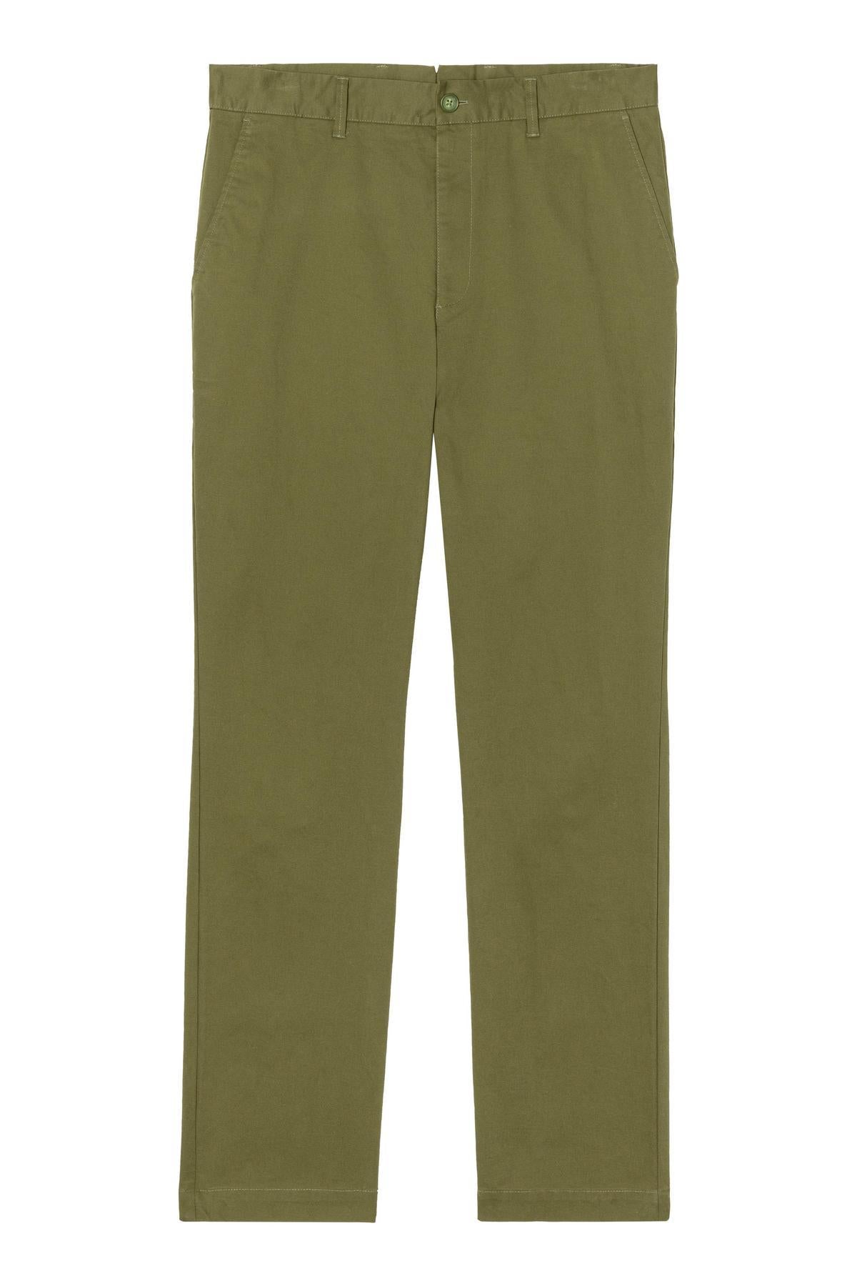 The MADDOX PANT by Velvet by Graham & Spencer features olive green stretch cotton twill in a straight-leg, tailored fit with side pockets and a button closure, shown on a white background.