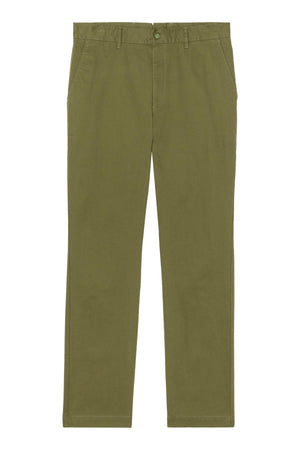 The MADDOX PANT by Velvet by Graham & Spencer features olive green stretch cotton twill in a straight-leg, tailored fit with side pockets and a button closure, shown on a white background.