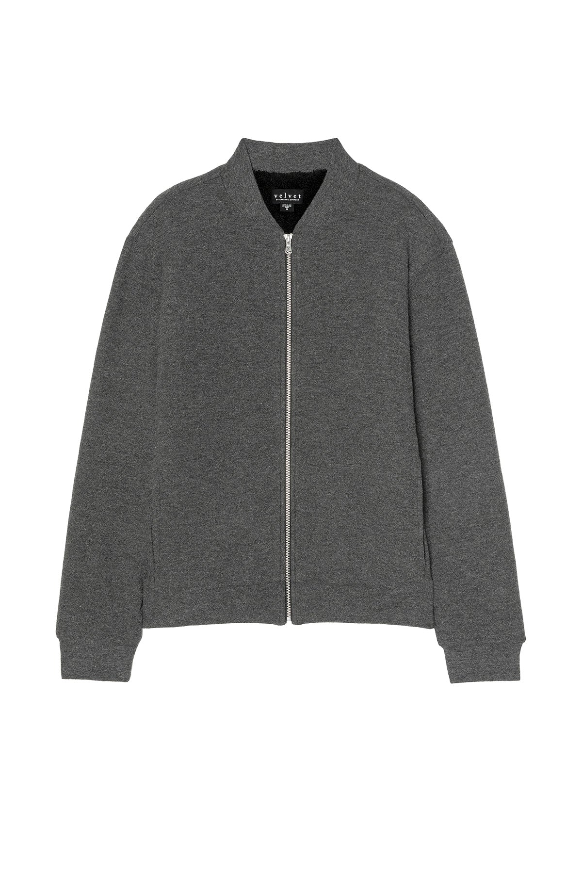 The MILES JACKET by Velvet by Graham & Spencer is a collarless, long-sleeve zip-up in dark gray with a plain design, shown laid flat on a white background.