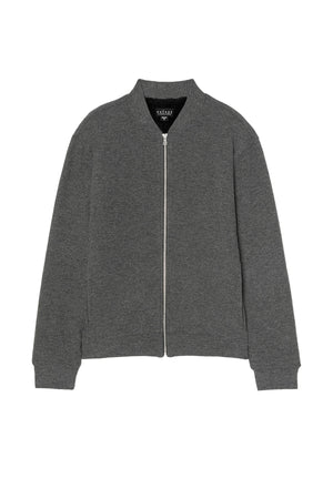 The MILES JACKET by Velvet by Graham & Spencer is a collarless, long-sleeve zip-up in dark gray with a plain design, shown laid flat on a white background.