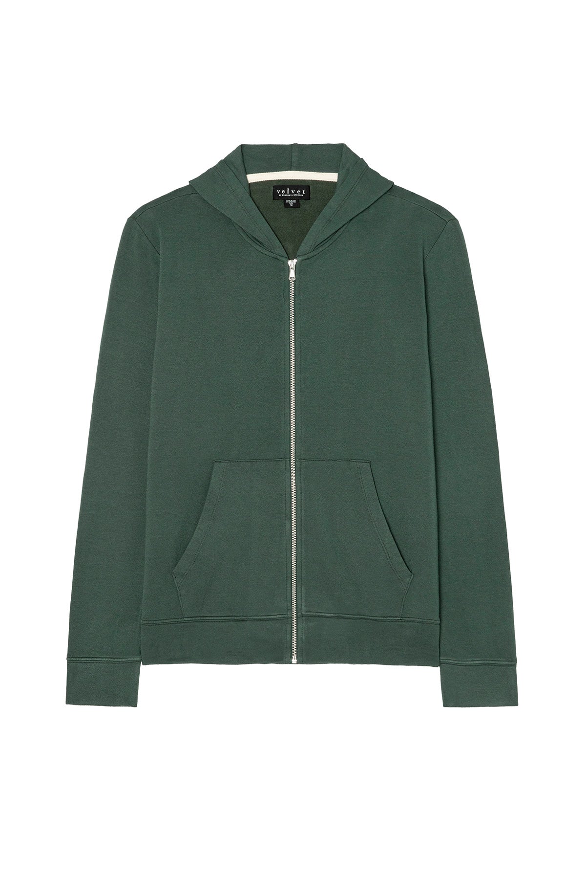 The RODAN HOODIE by Velvet by Graham & Spencer is a green fleece zip-up with a hood and two front pockets, perfect for cozy workouts. Shown laid flat on a white background.-39883809685697