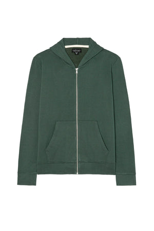 The RODAN HOODIE by Velvet by Graham & Spencer is a green fleece zip-up with a hood and two front pockets, perfect for cozy workouts. Shown laid flat on a white background.