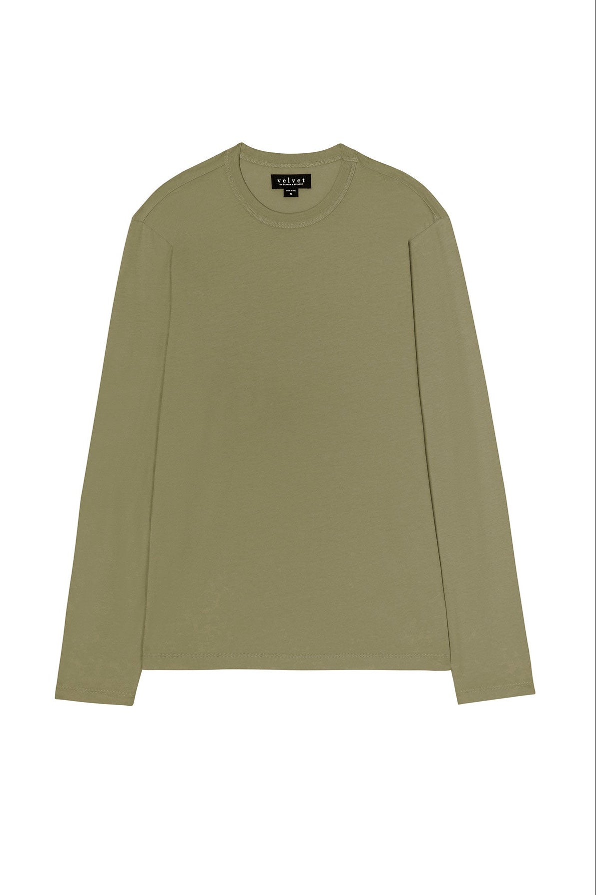 The ROWLAND TEE by Velvet by Graham & Spencer is a plain, olive green long-sleeve tee with a classic crew neckline, crafted from soft Pima jersey for everyday comfort and shown on a white background.-40117483667649