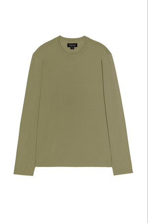 The ROWLAND TEE by Velvet by Graham & Spencer is a plain, olive green long-sleeve tee with a classic crew neckline, crafted from soft Pima jersey for everyday comfort and shown on a white background.