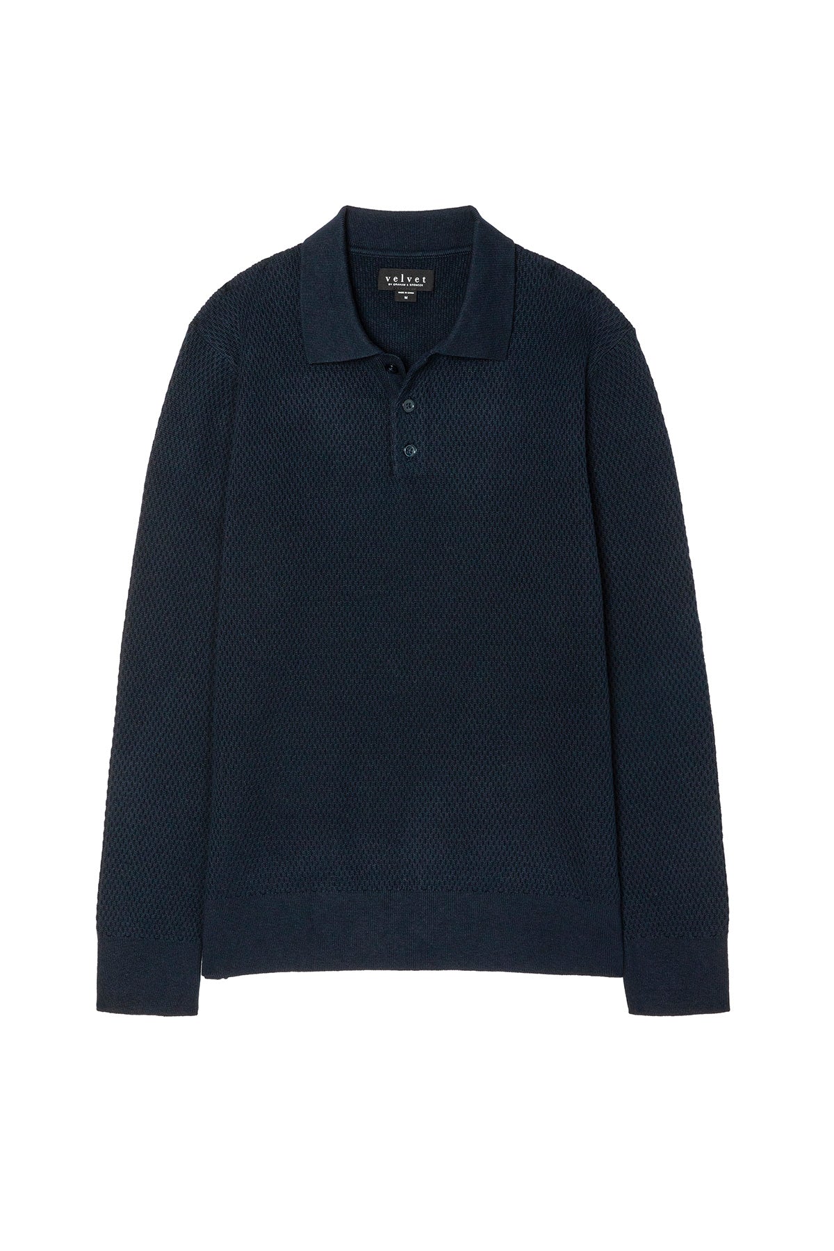 The THALEN SWEATER POLO by Velvet by Graham & Spencer is a long-sleeve, dark navy sweater polo with a knit collar and three buttons, made from a soft cotton-cashmere blend, shown laid flat on a white background.
