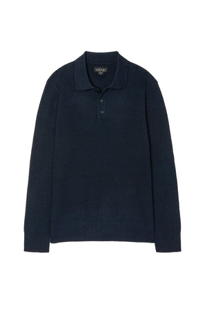 The THALEN SWEATER POLO by Velvet by Graham & Spencer is a long-sleeve, dark navy sweater polo with a knit collar and three buttons, made from a soft cotton-cashmere blend, shown laid flat on a white background.