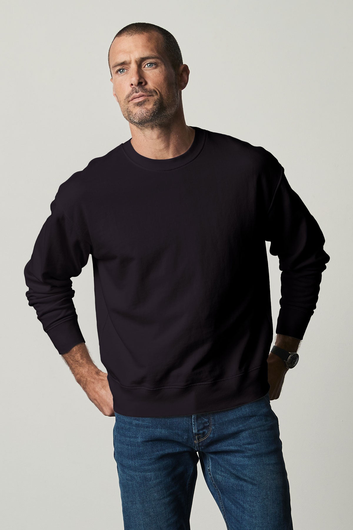 Sirus Crew Neck Sweatshirt in black with blue denim front