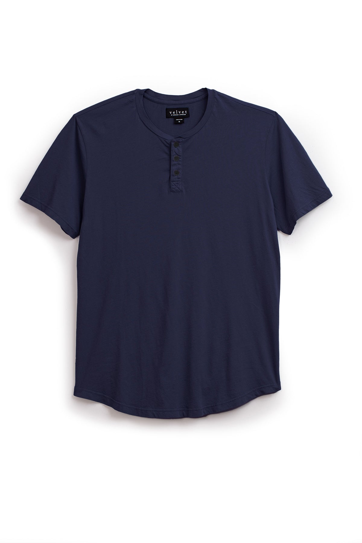 The FULTON HENLEY by Velvet by Graham & Spencer is a dark blue, short-sleeve shirt made from lightweight Pima jersey, featuring a buttoned placket and set against a plain white background.-39029861843137
