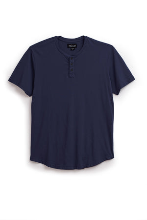 The FULTON HENLEY by Velvet by Graham & Spencer is a dark blue, short-sleeve shirt made from lightweight Pima jersey, featuring a buttoned placket and set against a plain white background.