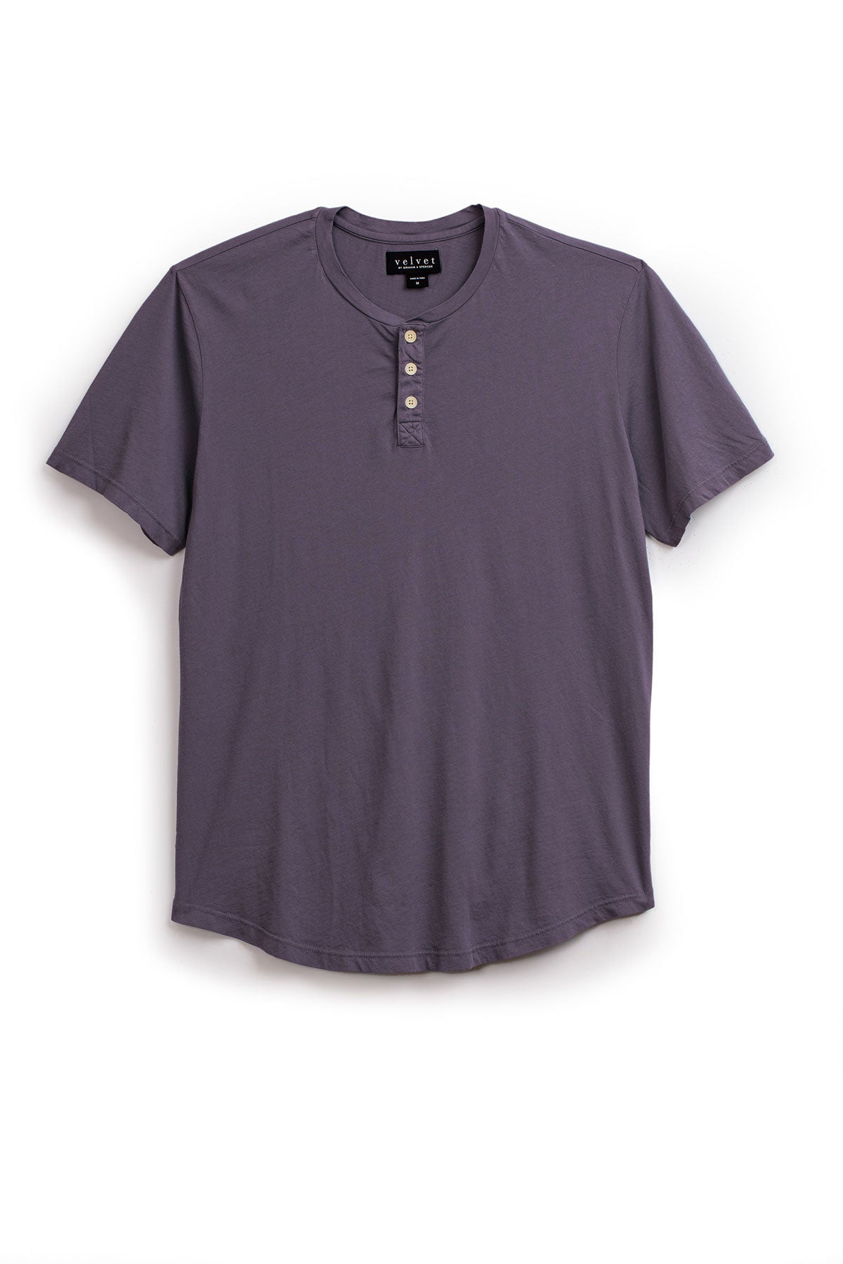 The FULTON HENLEY by Velvet by Graham & Spencer is a classic gray short-sleeve tee made from soft Pima jersey, featuring a round neckline and three buttons, elegantly displayed against a plain white background.-38892193120449