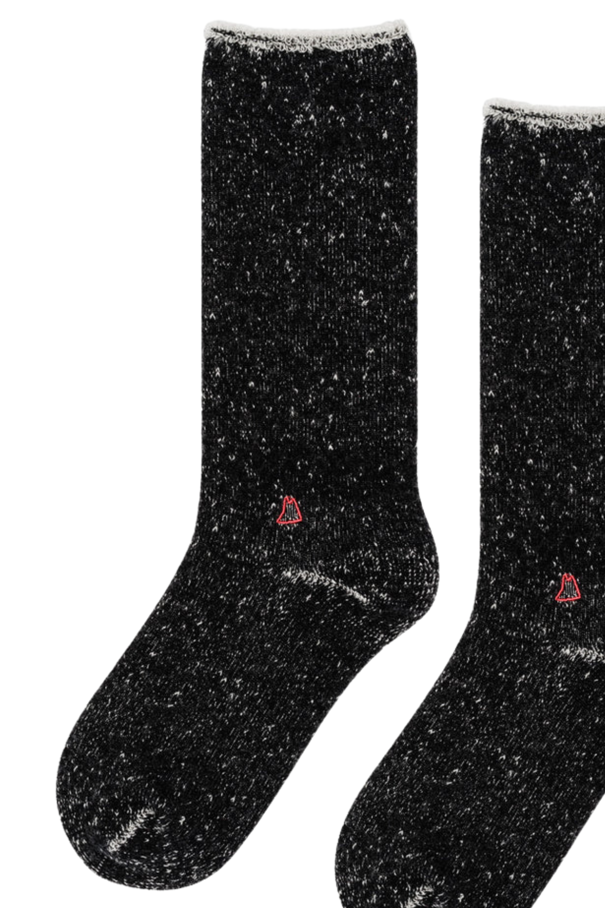 The HOODIE WOOL MEN'S CREW SOCKS BY HANSEL FROM BASEL feature unique black speckled designs with a small red logo, distinguishing them from ordinary socks.-38895917236417