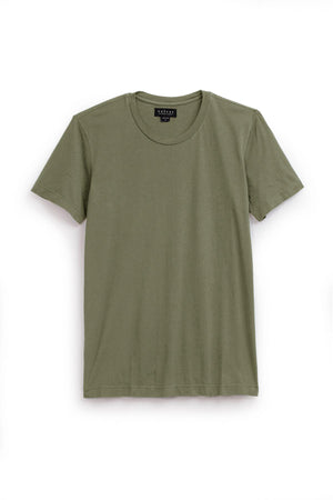 A plain olive green short-sleeved T-shirt with a crew neck, crafted from lightweight cotton knit for a perfect fit, displayed against a white background: the HOWARD TEE by Velvet by Graham & Spencer.