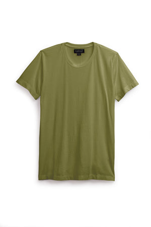 The HOWARD TEE by Velvet by Graham & Spencer, a plain olive green short-sleeve crew neck made from lightweight Pima jersey for a vintage feel and perfect fit, is shown laid flat on a white background.