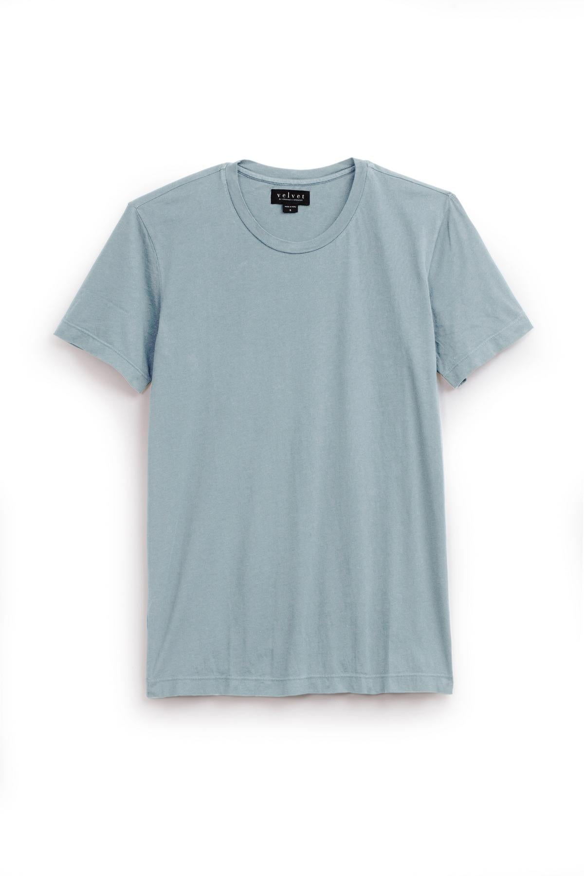 A light blue, short-sleeved, crew-neck T-shirt made of lightweight cotton knit displayed against a white background for that vintage feel is the HOWARD TEE from Velvet by Graham & Spencer.-36580163649729
