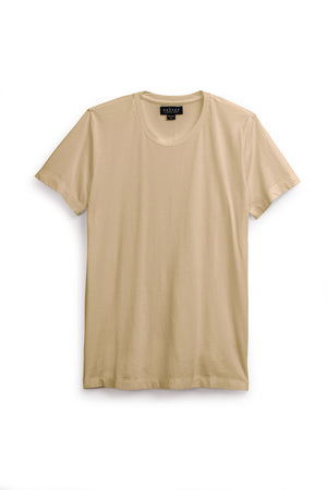 The HOWARD TEE by Velvet by Graham & Spencer is a beige short-sleeve crew neck, made from soft Pima jersey for a comfortable fit, shown on a white background.
