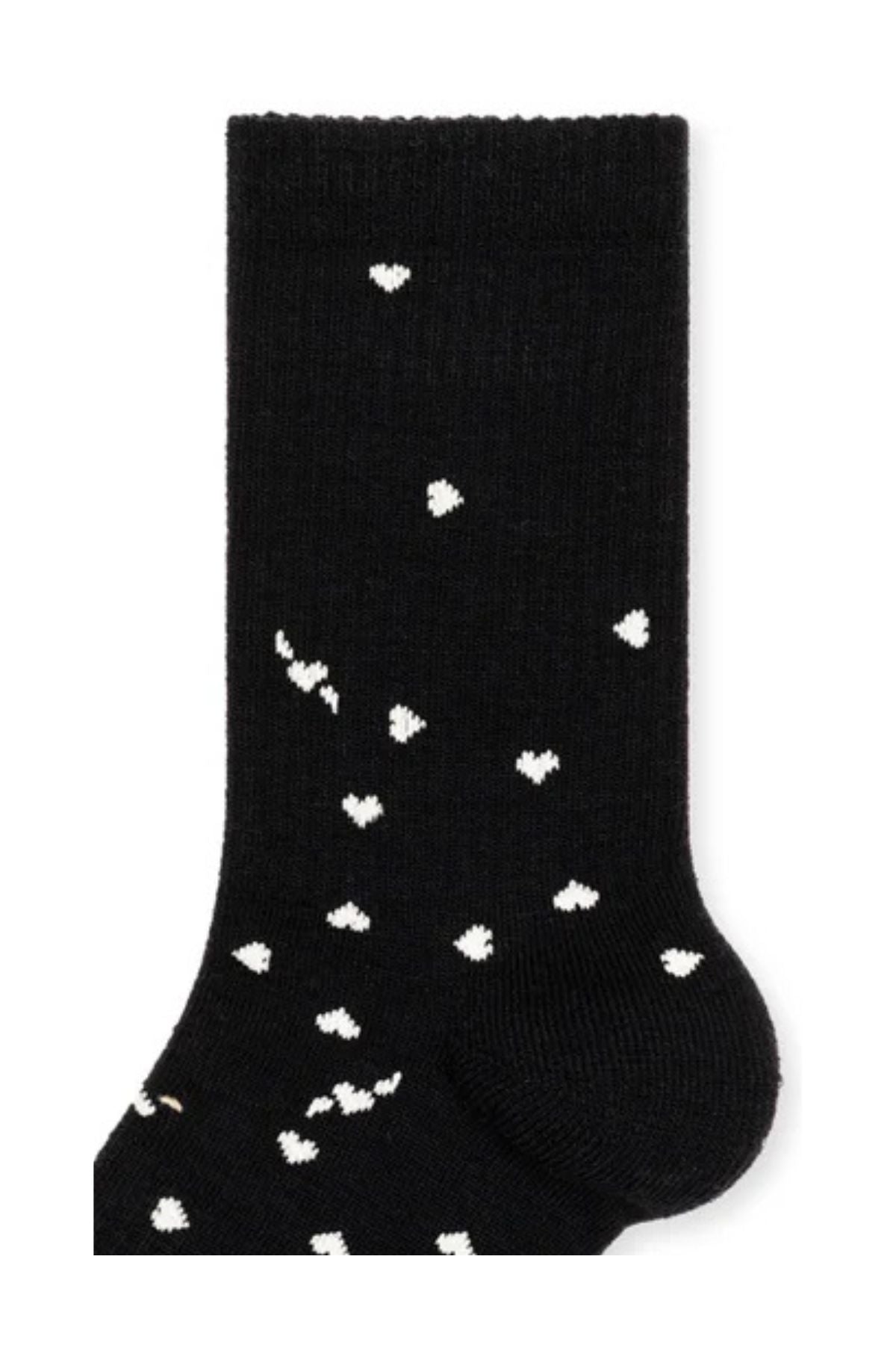 The IMI Athletic Wool Crew Socks by Hansel From Basel feature a black design with a scattered pattern of small white hearts.-40434425168065