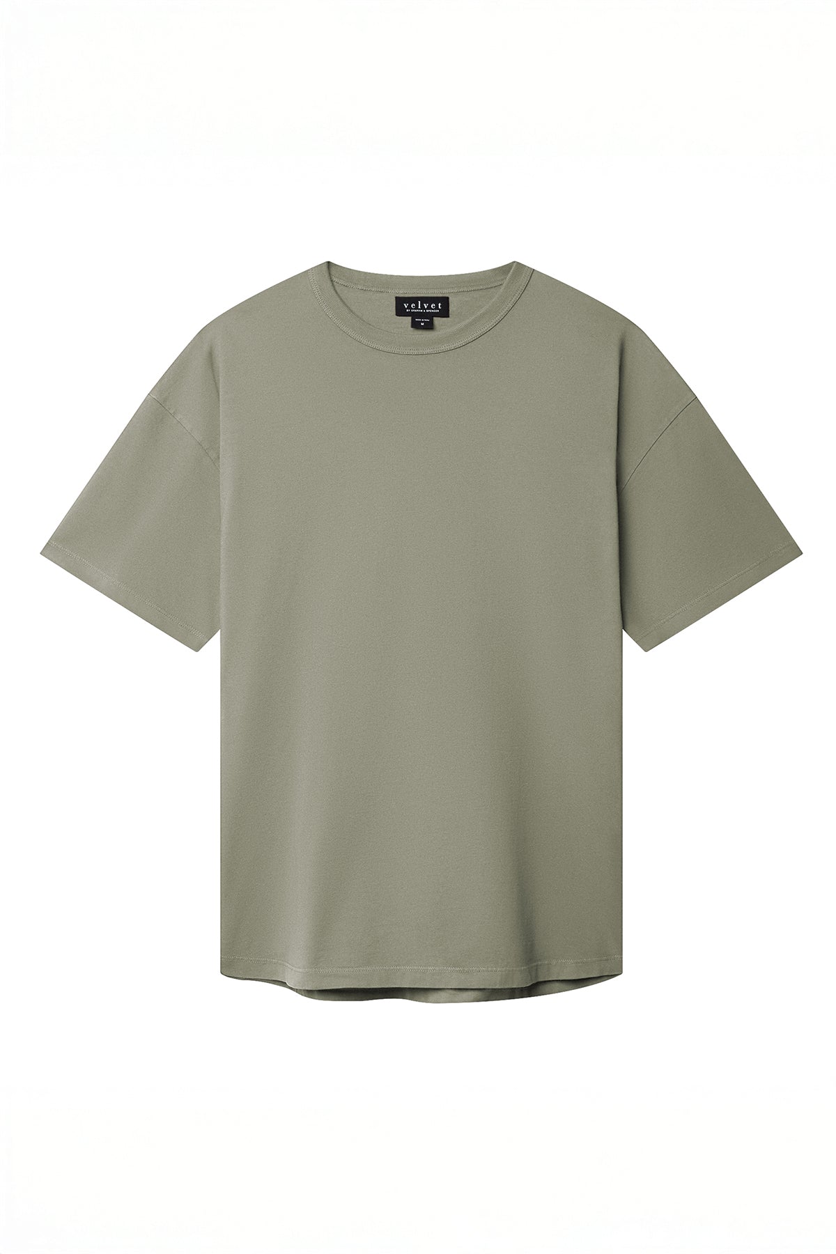 The BRYAN TEE by Velvet by Graham & Spencer is a plain olive green T-shirt made from soft pima cotton jersey, featuring short sleeves and a round neckline, displayed on a white background for everyday versatility.
